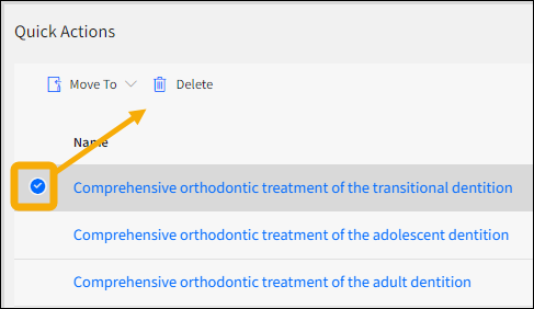 selected procedure item radio button with a yellow highlight box around it and a yellow arrow pointing upwards to delete button.